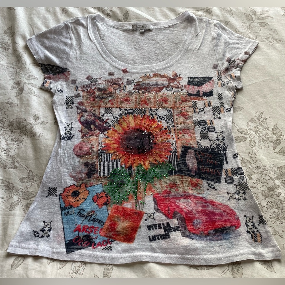 Y2K Sheer Burnout Embellished Sunflower Graphic Baby Tee Medium Chic Casual Boho